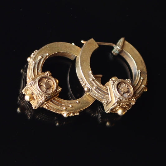Victorian Etruscan Revival Gold Hoop Pierced Earrings c1880