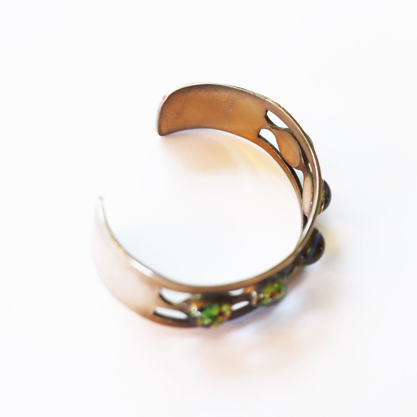 Vintage Taxco Mexico Mid Century Green Foil Opal Glass Sterling Silver Cuff Bracelet