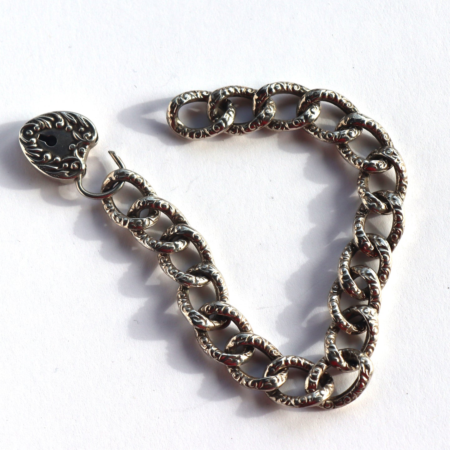 Victorian Sterling Silver Curb Chain Link Bracelet Heart Lock Clasp c1900