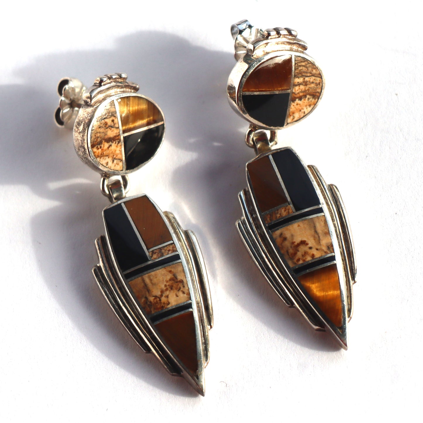 Vintage Southwest Zuni Tigers Eye Jasper Onyx Inlaid Silver Star Dangle Pierced Earrings