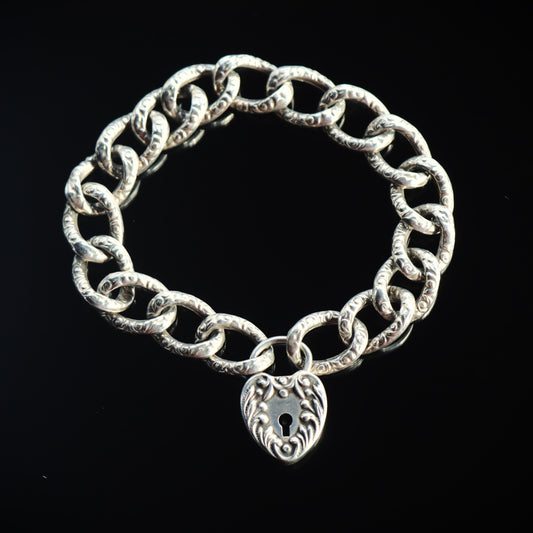 Victorian Sterling Silver Curb Chain Link Bracelet Heart Lock Clasp c1900
