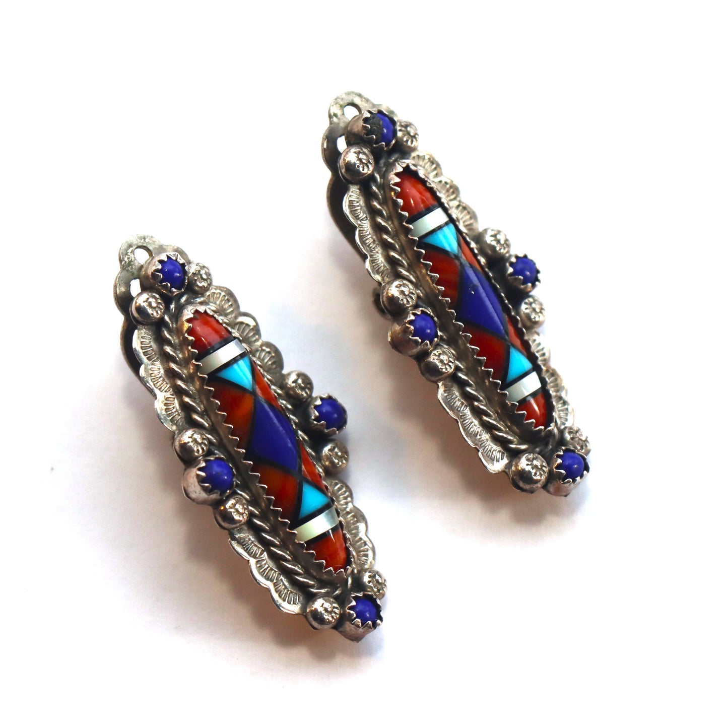 Vintage Navajo Sterling Silver Multi Inlaid Stone Clip on Ben Chavez Earrings c1990