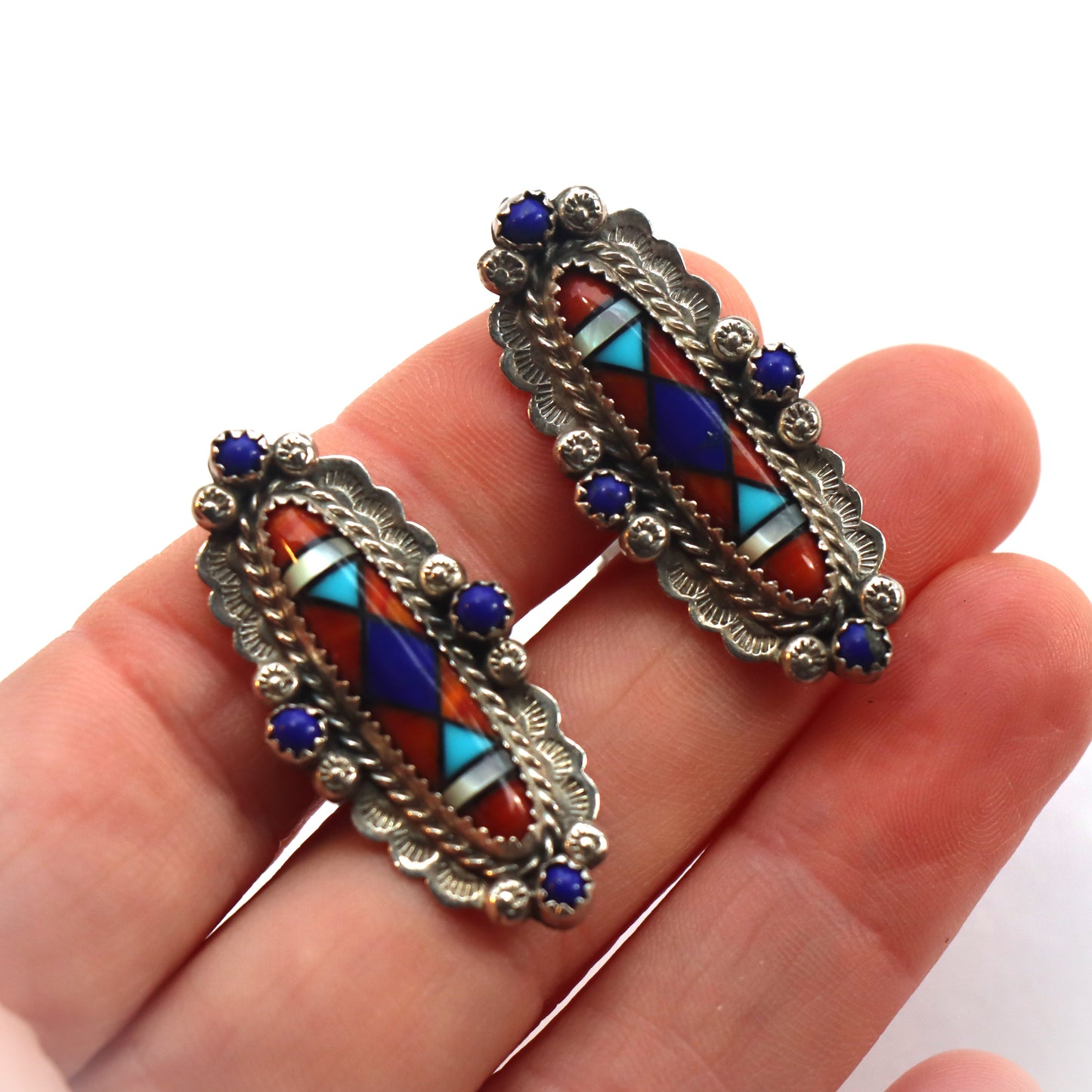 Vintage Navajo Sterling Silver Multi Inlaid Stone Clip on Ben Chavez Earrings c1990