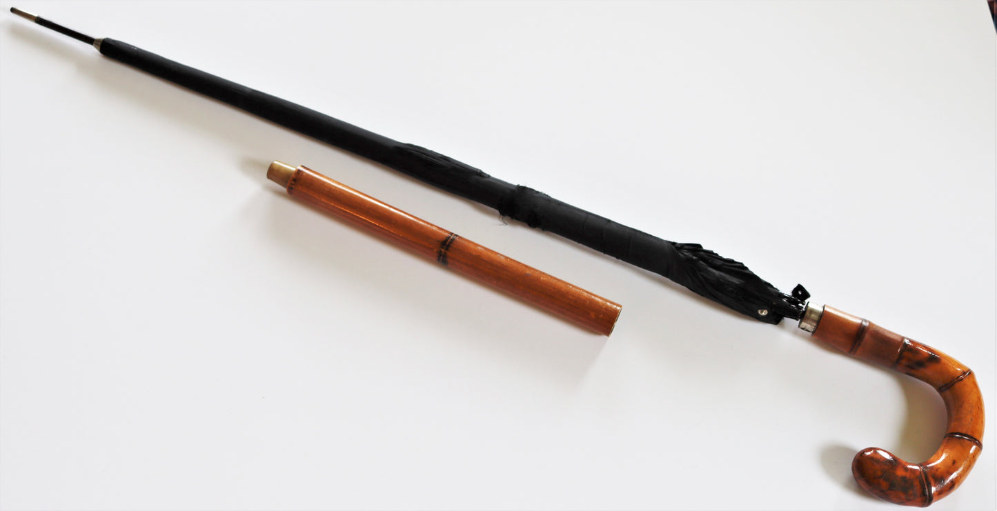 Vintage Novelty Bamboo Crook Cane Telescoping w/ Black Silk Umbrella Walking Stick