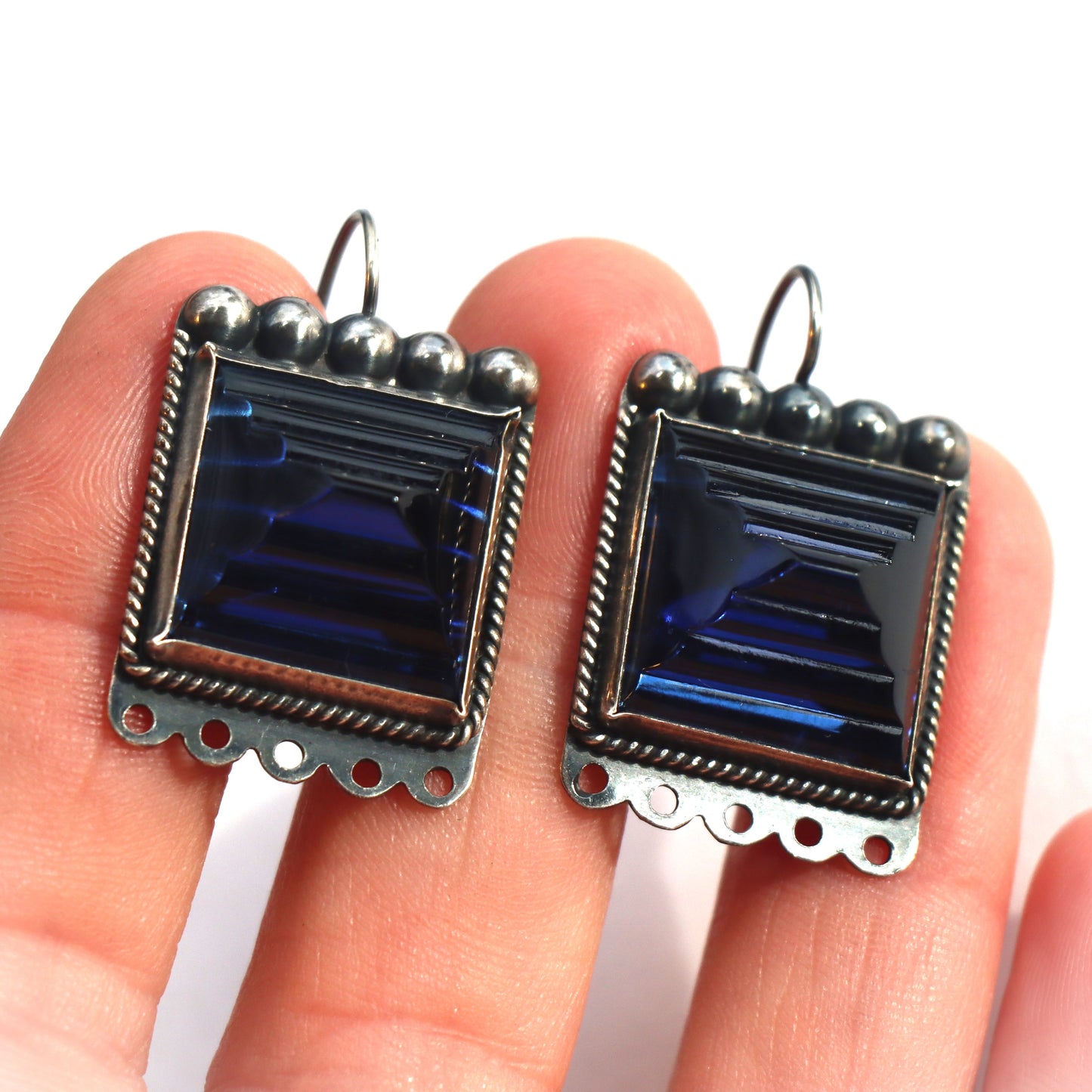 Vintage Mid Century Modern Carved Cobalt Art Glass Mexico Sterling Silver Earrings