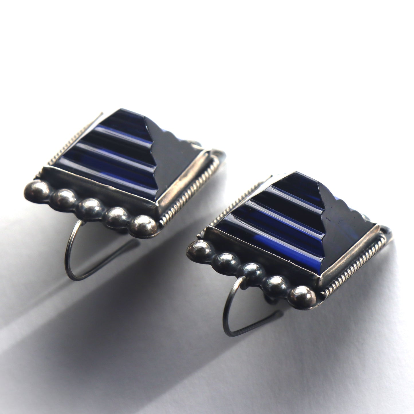Vintage Mid Century Modern Carved Cobalt Art Glass Mexico Sterling Silver Earrings