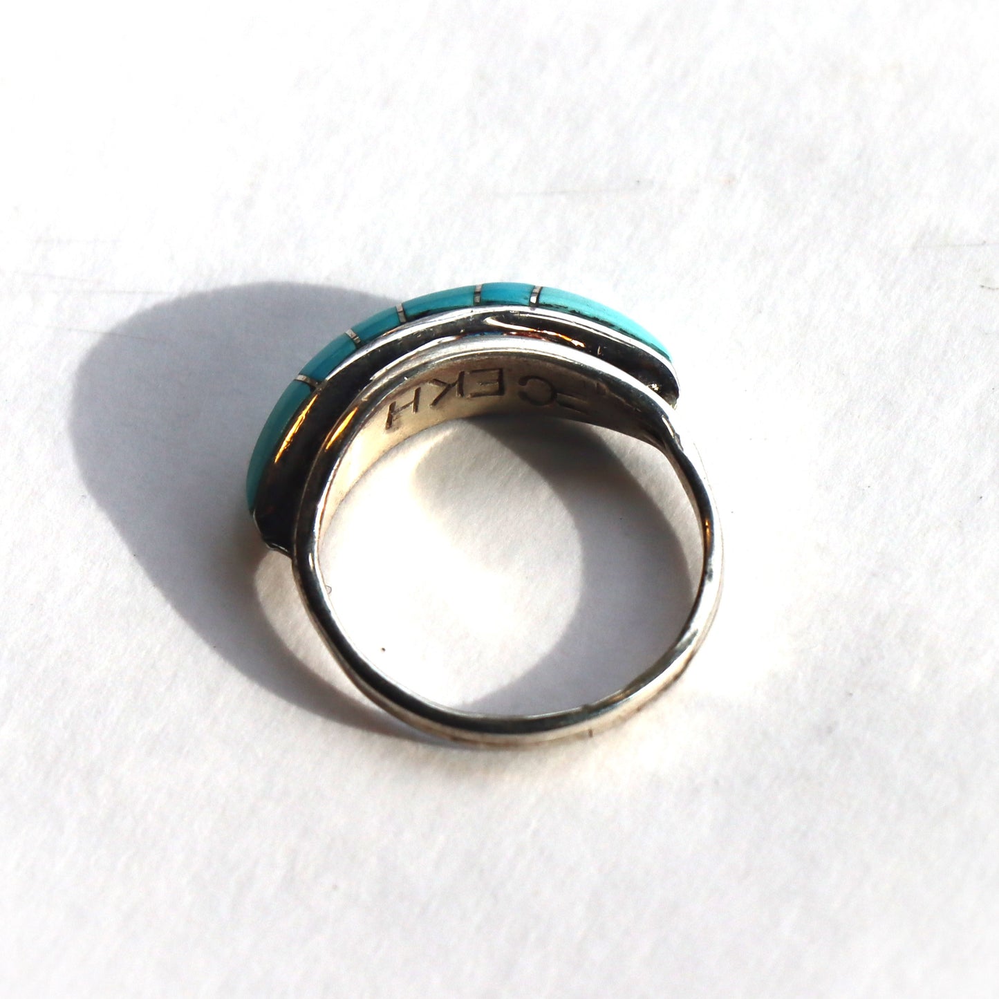 Contemporary Zuni Sterling Silver Blue Turquoise Inlaid Statement Ring sz8