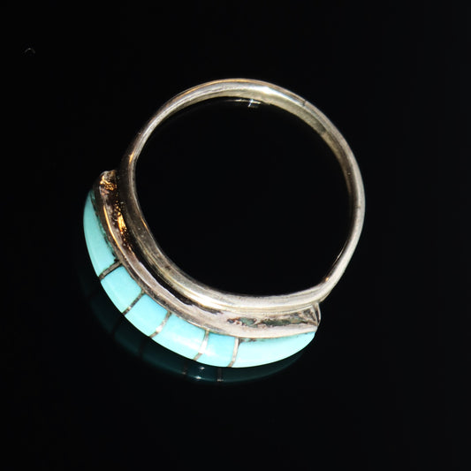 Contemporary Zuni Sterling Silver Blue Turquoise Inlaid Statement Ring sz8