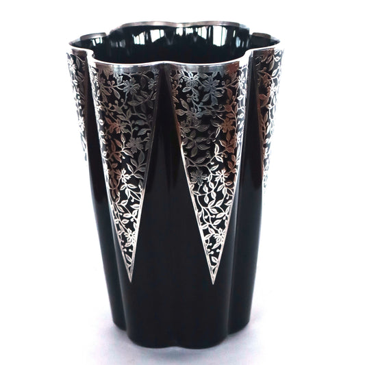 Art Deco Black Amethyst Glass 8" Lobed Sterling Silver Floral Overlay Vase c1930