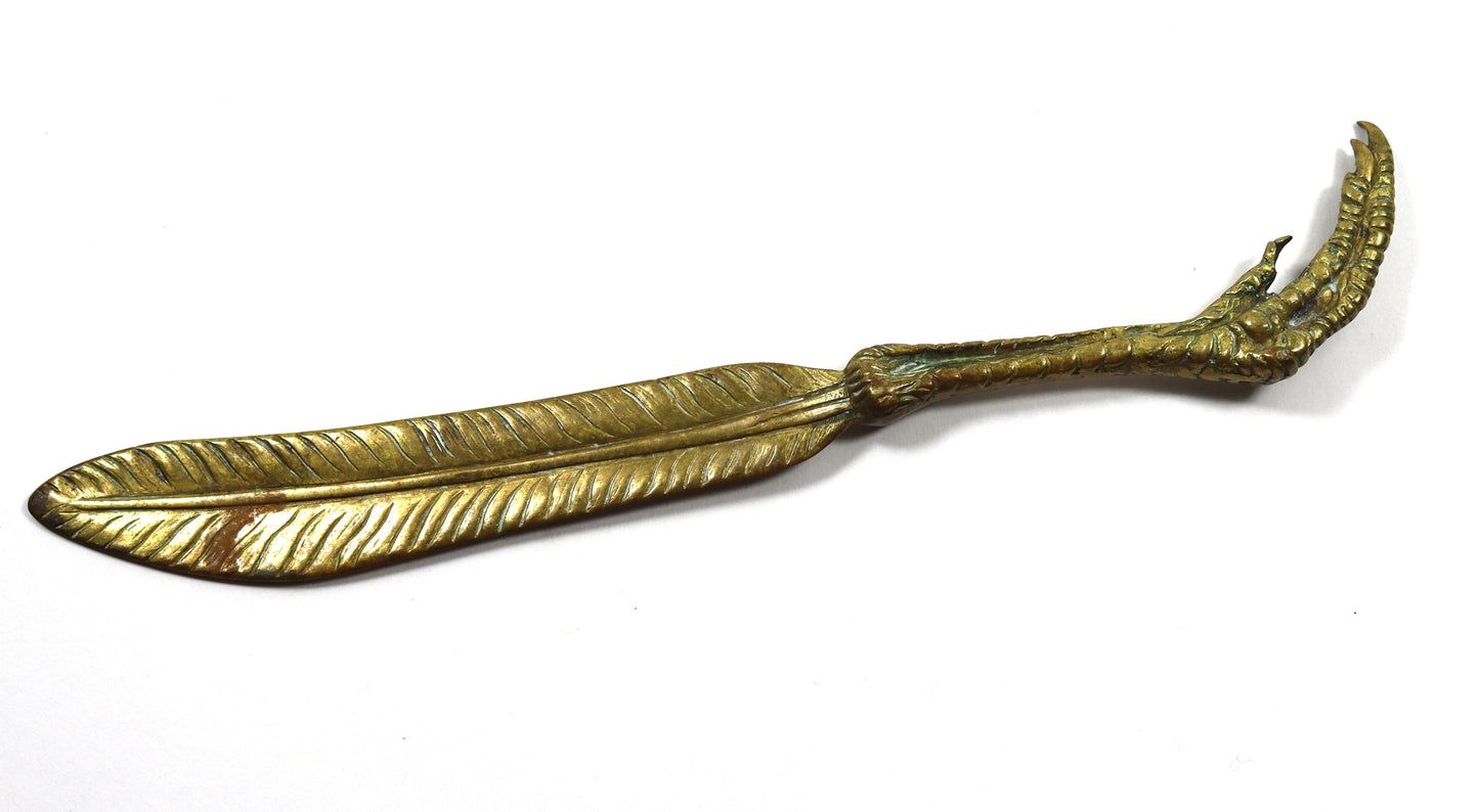 Victorian French Solid Brass Bird Talon Feather Letter Knife Opener Desk Tool Paper Weight