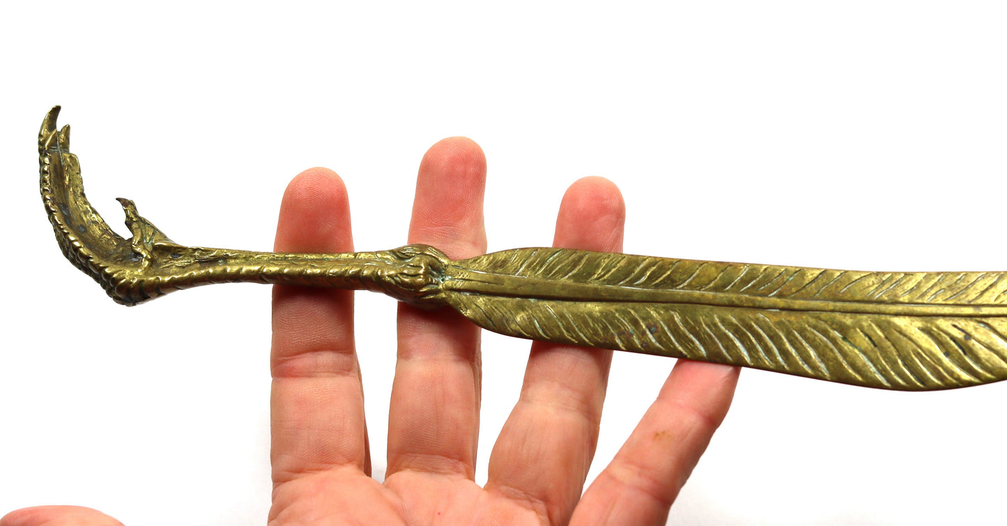 Victorian French Solid Brass Bird Talon Feather Letter Knife Opener Desk Tool Paper Weight