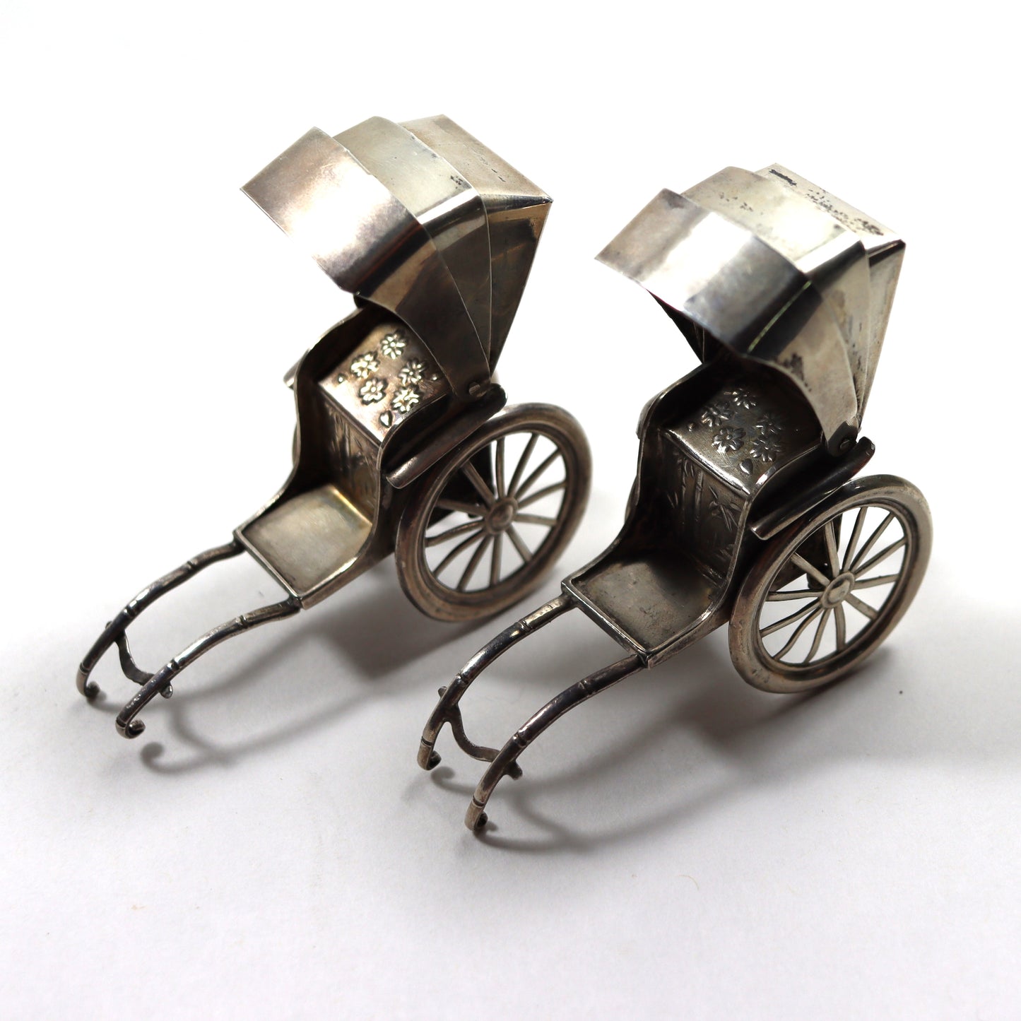 Vintage Japanese Novelty Sterling Silver Rickshaw Carriage Miniature Salt & Pepper