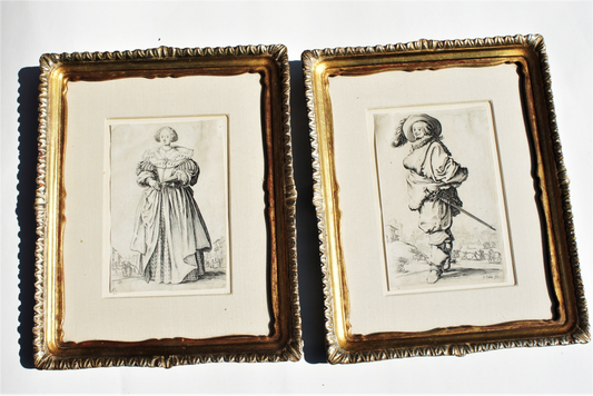 Pair of Antique Baroque Engravings Jacques Callot 1592-1635 La Noblesse: La Dame a L'Eventail La Gentil Homme au Plastron de Fourrure