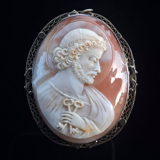 Antique Vermeil Sterling Filigree Hand Carved Shell Cameo Brooch of Saint Peter c1900