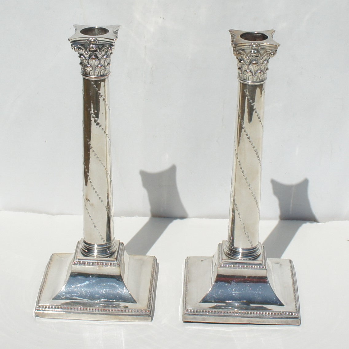 Pair Antique Georgian George III Silver on Copper Corinthian Column Two Arm Candelabra Candlesticks