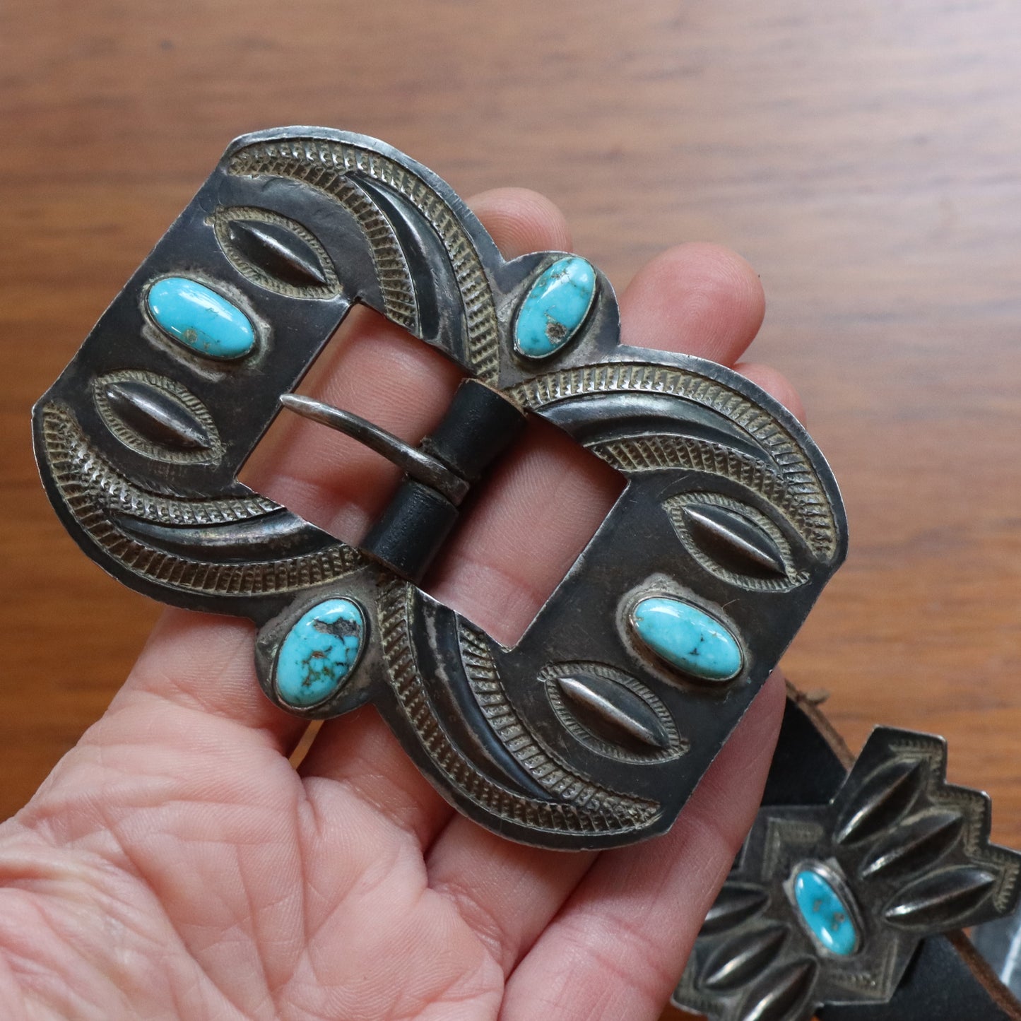 Art Deco Navajo Coin to Sterling Silver Kingman Turquoise Concho Butterflies and Buckle c1930-40