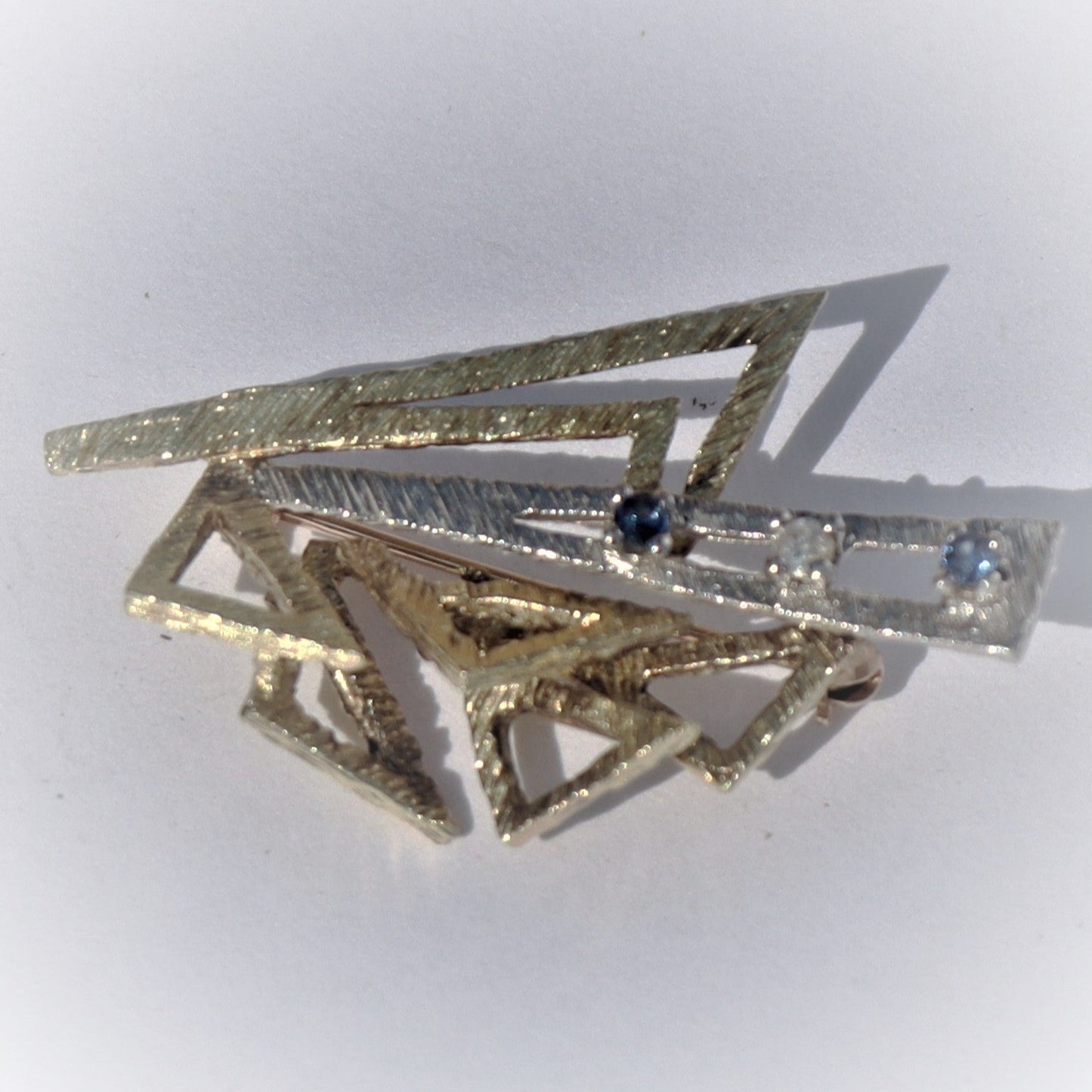 Estate Artisan 14k White Yellow Gold Sapphire Diamond Brutalist Brooch