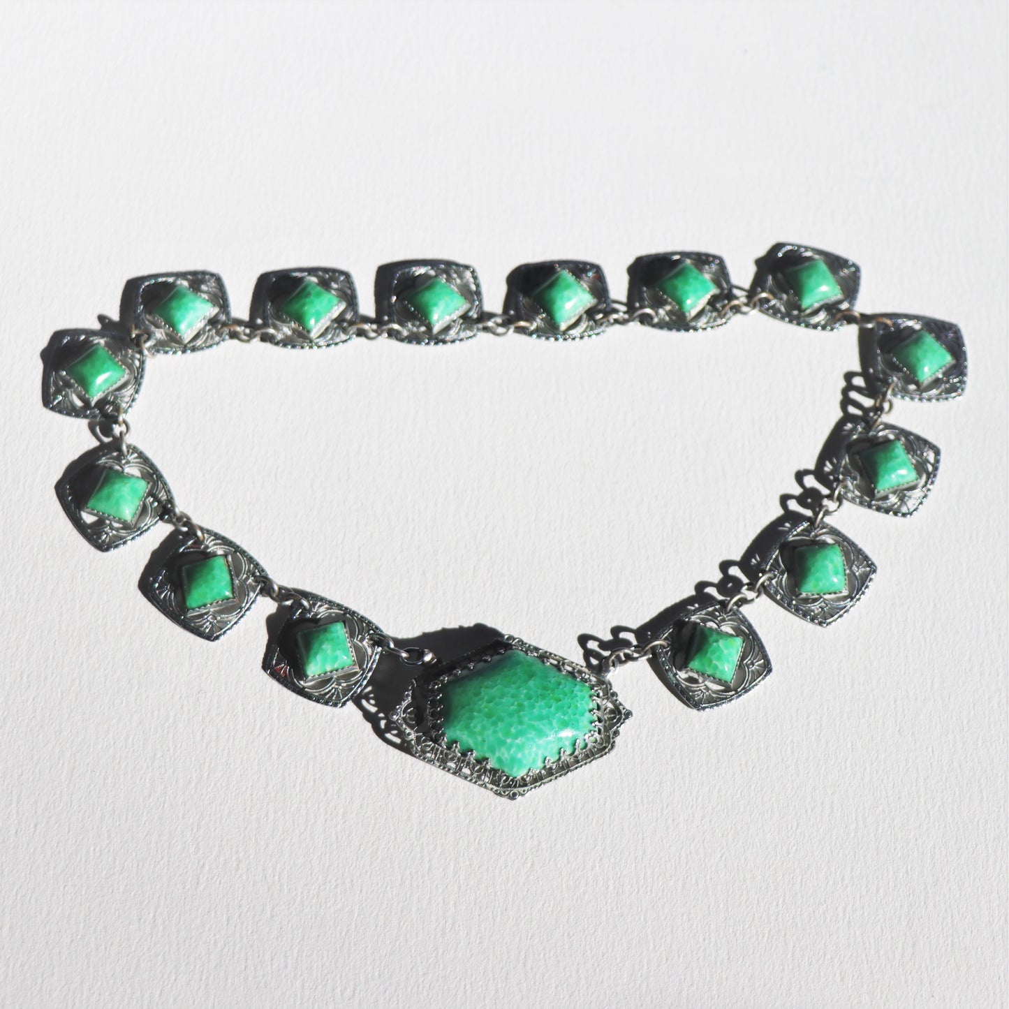 Art Deco Czechoslovakian Turquoise Peking Glass Rhodium Plate Collar Necklace c1930