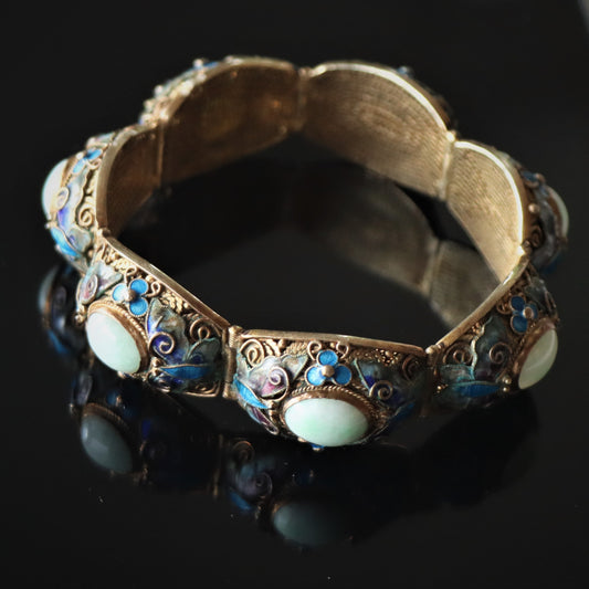Vintage Chinese Silver Gold Vermeil Jade Jadeite Cloisonne Enamel Butterfly Bracelet