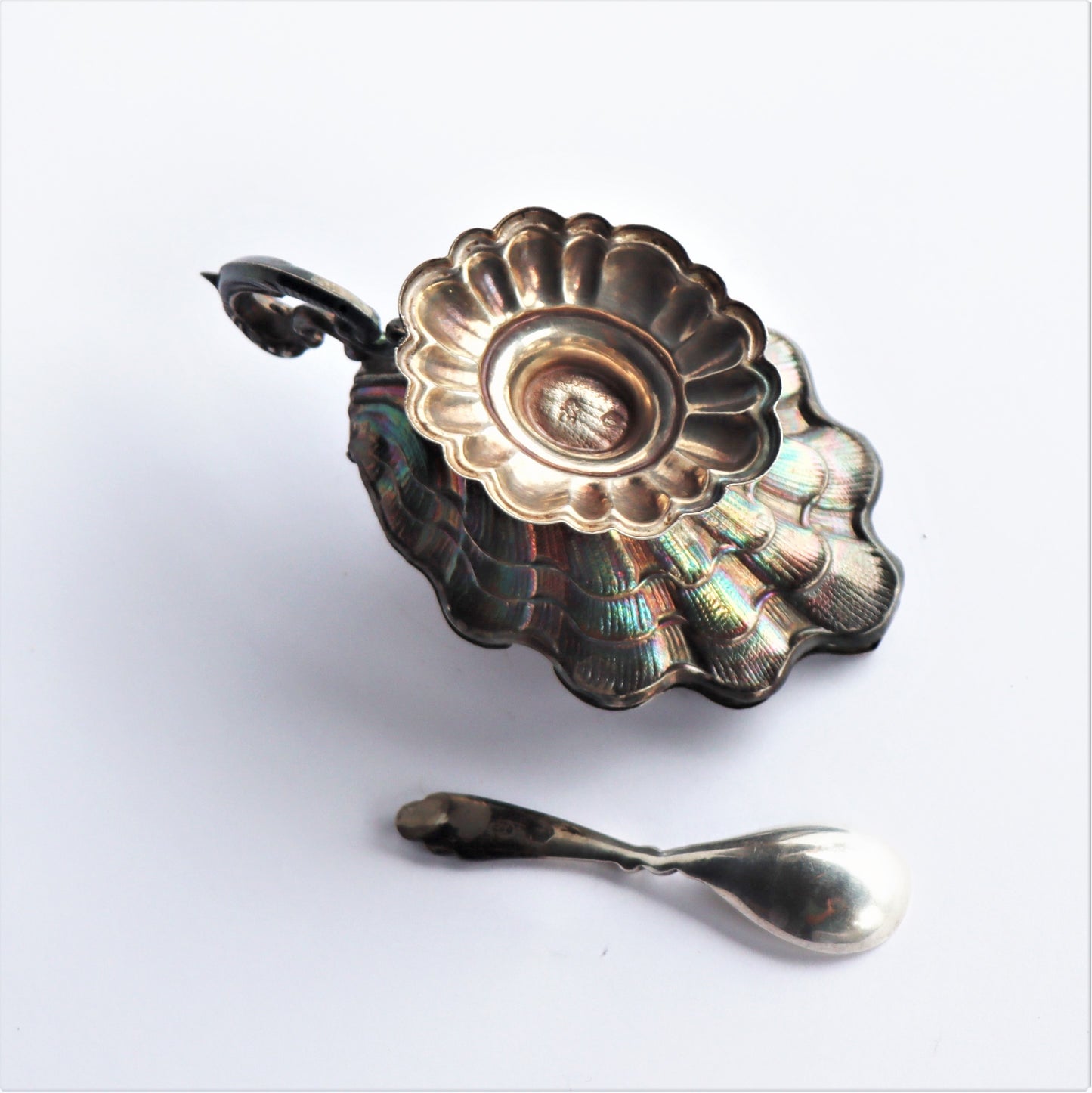 Art Nouveau Sterling Silver Spanish Oyster Dolphin Form Horseradish Pot Spoon D Garcia