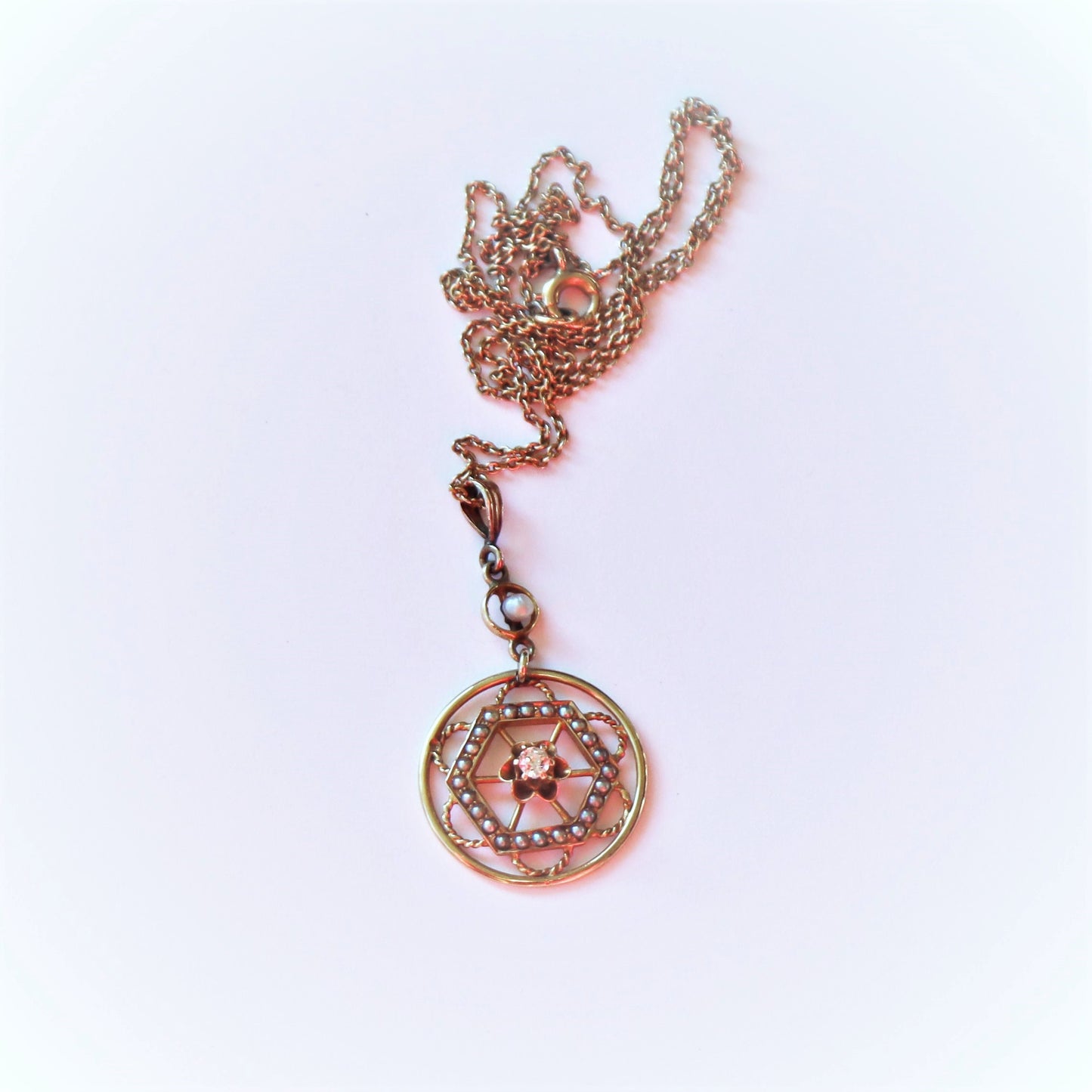Art Nouveau 10k Gold Diamond Pearl Pendant with 14k Gold Chain Lavaliere type