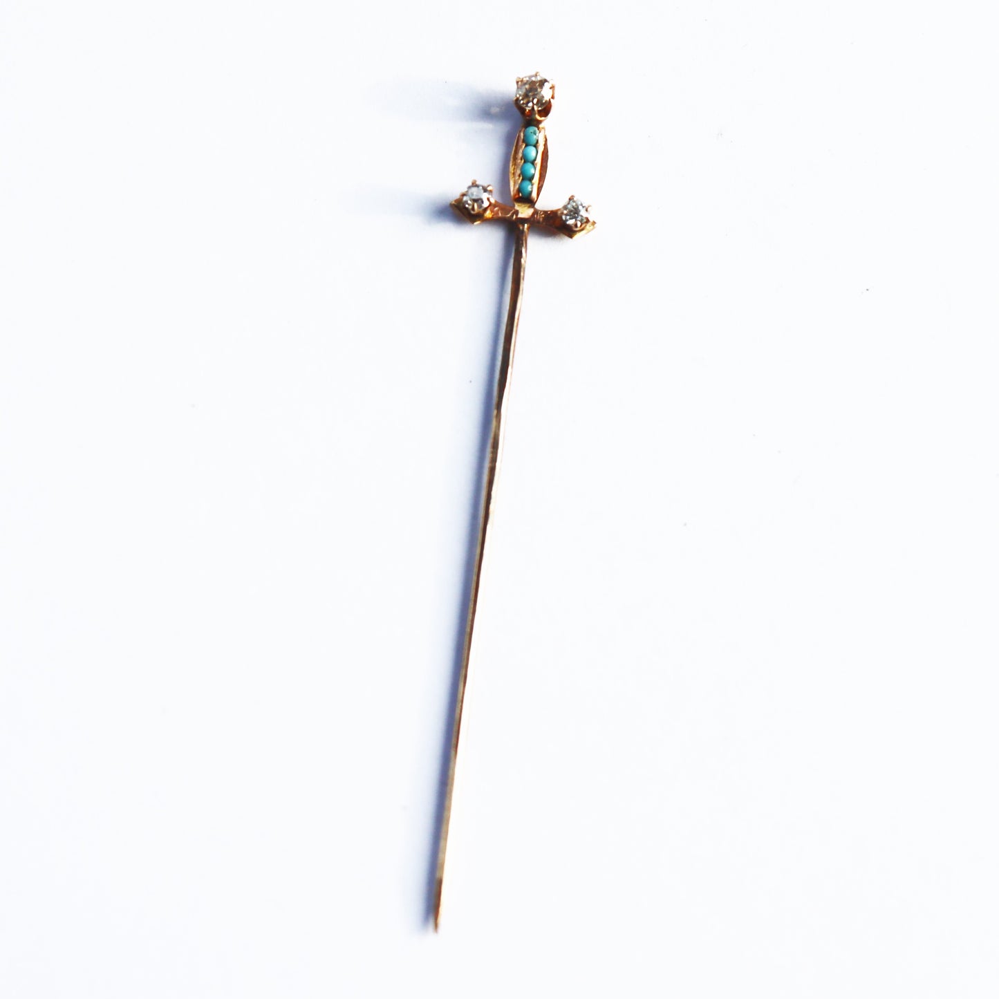 Edwardian 14k Gold Turquoise Diamond Sword Cravat Stick Pin c1910