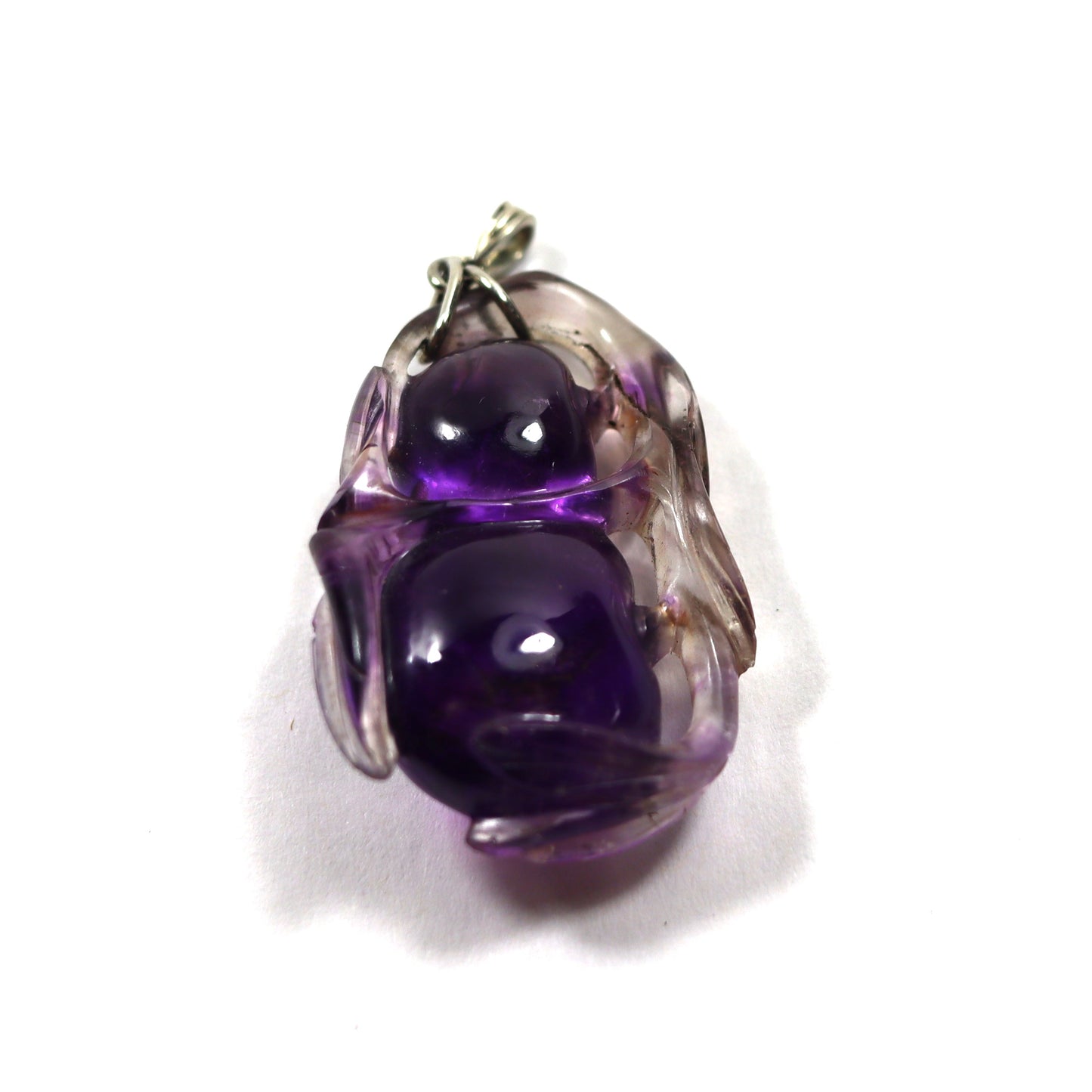 Vintage Sterling Silver Chinese Hand Carved Amethyst Fruit Plum Pendant